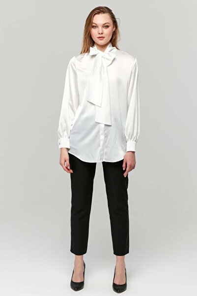 Milamia Kadın Fiyonklu Saten Düz Klasik Gömlek