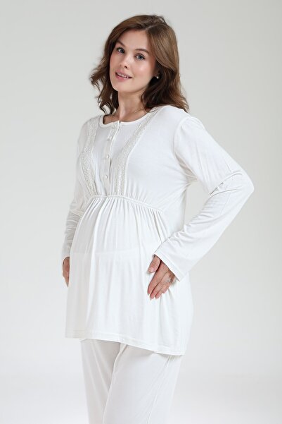 LOHOUSE Women's Ecru Jacquard Shawl Collar Lace Winter Special Design Maternity Pajama Set