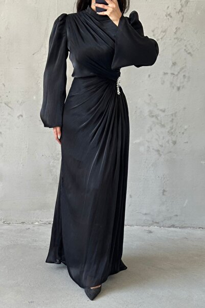 leyuze Volan Kol Drapeli Janjan Tesettür Abiye Siyah