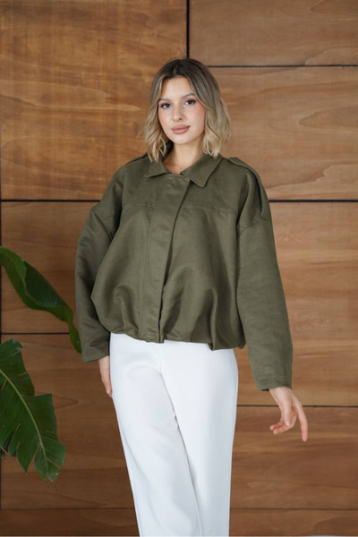 AKD Atelier Women's Coat Short Oversize Suede Zippered Shirt Collar Drop Shoulder Jacket