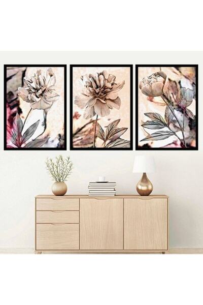 Araste Dekorasyon Beige Lotus Triple Frame and Poster Set -B1002