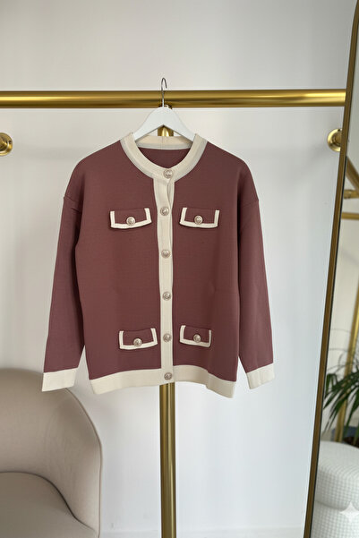 Bold Grup Women's Gold Button Detailed Striped Knitwear Striped Short Cardigan Jacket