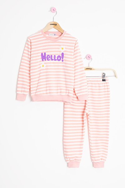 Cansın Mini Salmon Daisy Embroidered Striped Girl's Suit 23352