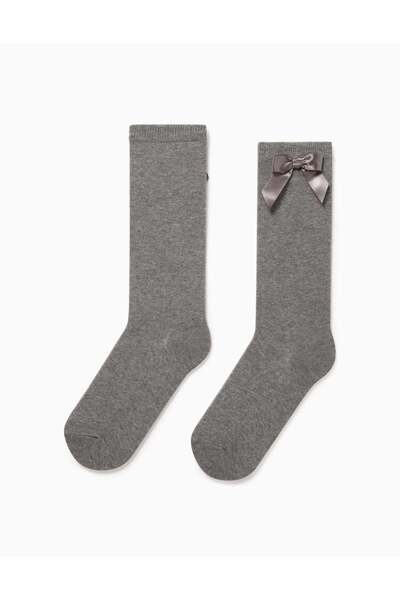 Ziddy High Socks with Satin Bow for Girls, Grey