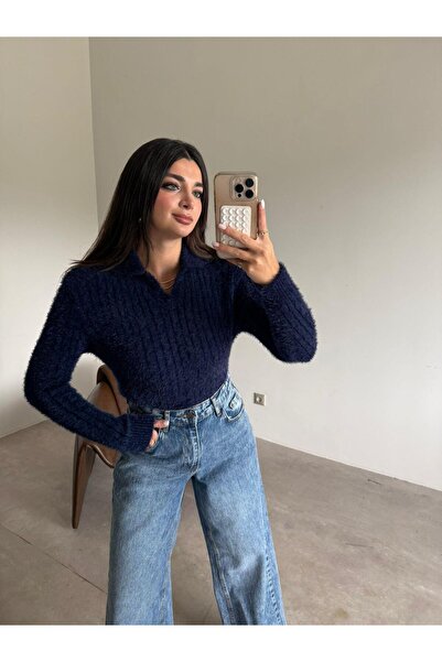 Bade Butik Pulover moale cu guler polo bleumarin