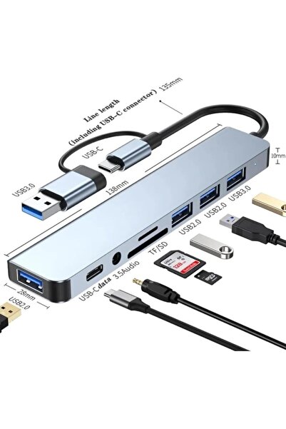 silabor 8 İn 1 Usb type-c usb 2.0/3.0 Audio 3.5 TF SD Çevirici Adaptör Çok Po...