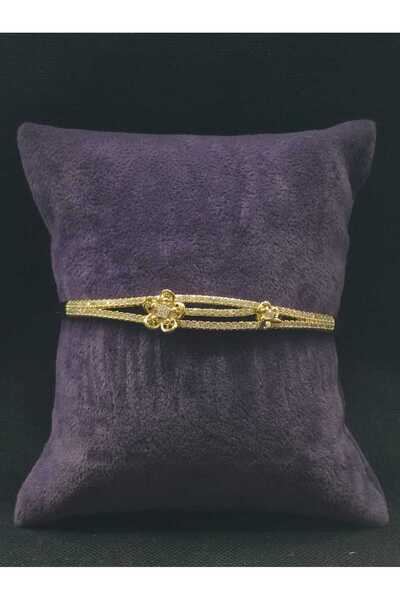 sarıyer silver Flower Model Yellow Color Coated Zircon Stone Inlaid Steel Handcuff Bracelet Bangle