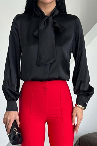 Milamia Kadın Fiyonklu Saten Düz Klasik Gömlek