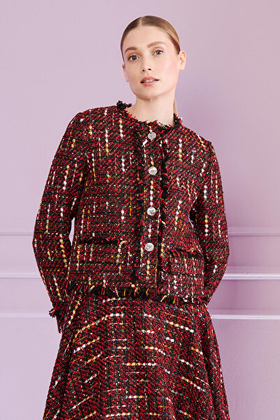 Talbot Runhof Püskül Detaylı Yakasız Pullu Tüvit Kırmızı Ceket