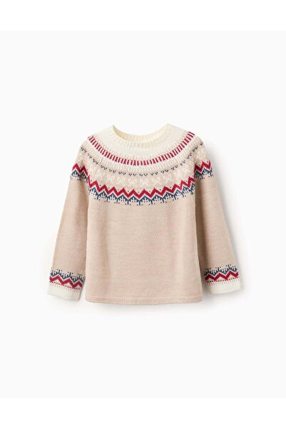 Ziddy سترة جاكار محبوكة للبنات، بيج