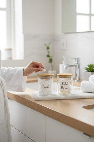 ANJEAHOME Dessie 2-Piece Glass Bathroom Set | Bamboo Axe | 200 ml Cotton & Cotton Swab Jar | Organizer Set