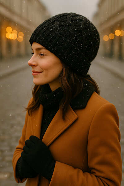 SİSTEM PELUŞ Elegant Knitted Patterned Silvery Beanie & Soft Textured Gloves Set - Winter Combination