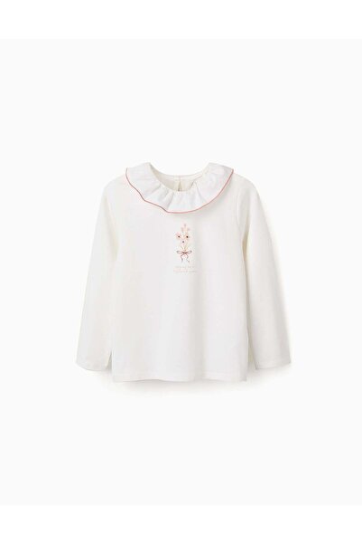 Ziddy Long sleeve T-shirt with print and ruffled collar for girls, white