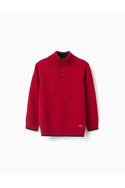 Ziddy Knitted jumper in a wool blend with mock neck for boys, red/dark blue