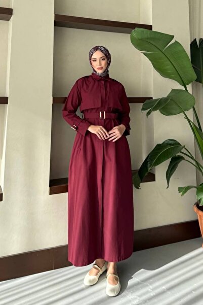 MODAYUNUS Gömlek Yaka Kolda Ve Belde Kemer Detaylı Trenç Görünümlü Poplin Elbise