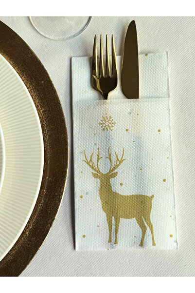 Mank Napkins with POCKET for cutlery - Softpoint Deer (White-Gold) / 40 x 40 cm / 20 pcs