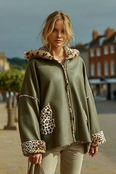 LAGRANZE Deri Görünümlü Leopar Detaylı Kadın Kürklü Kaban