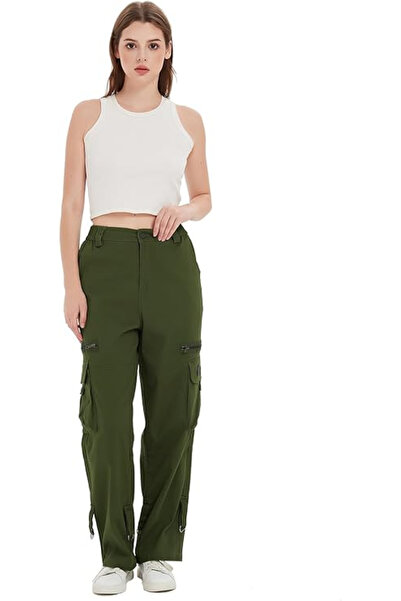 OEM Women's green wide-leg pants, high waist, pockets, size S