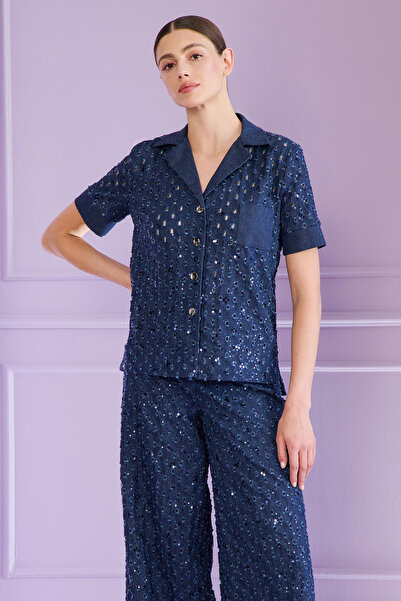 Talbot Runhof Gömlek Yaka Kısa Kol Payetli Denim Ceket