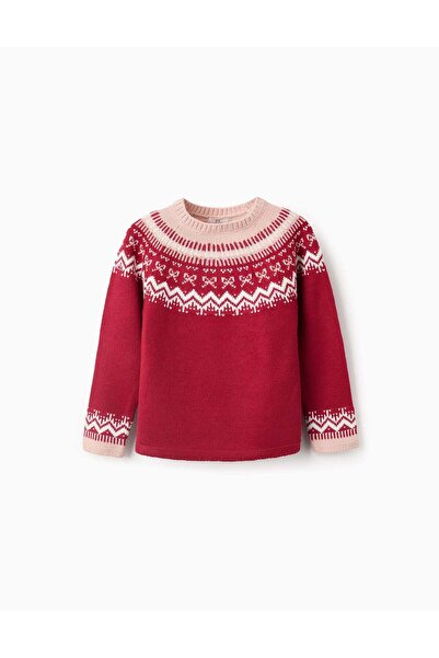 Ziddy Jacquard Knitted Jumper for Girls, Red/Pink