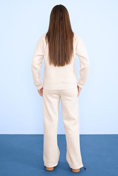 Cansın Mini Cream Star Patterned Wide Leg Fleece-Lined Girls' Tracksuit Set 23363