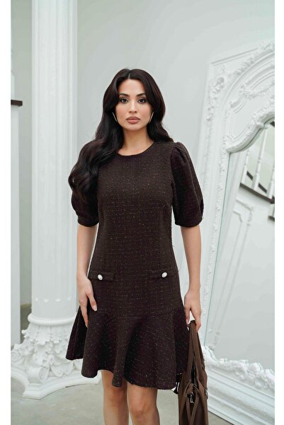 Serica Moda Brown Tweed Fabric Pocket Detailed Flared Dress