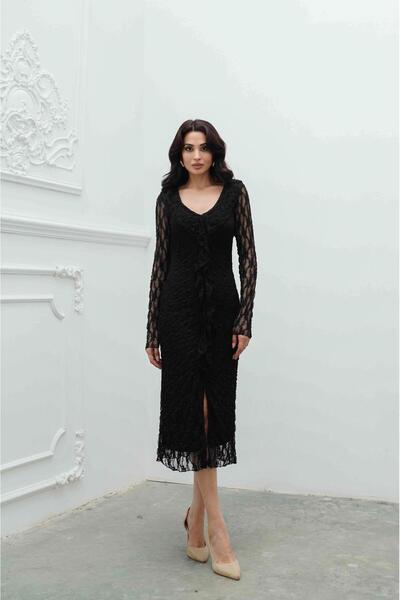 Serica Moda Siyah Önü Fırfır Detaylı Yırtmaçlı Dantelli Elbise