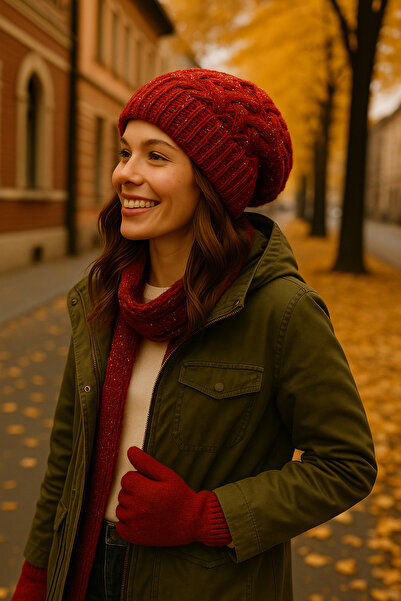 SİSTEM PELUŞ Elegant Knitted Patterned Silvery Beanie & Soft Textured Gloves Set - Winter Combination