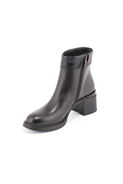 Mammamia D25Kb-8430 Black Faber Genuine Leather Thick Heeled (6cm) Zippered Women's Boots