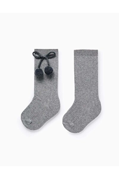 Ziddy High Socks with Pompons for Girls, Grey
