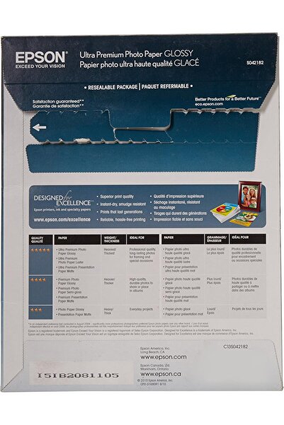 EPSON Glossy Photo Paper for Printing, Letter 21.5 × 28 cm, 25 sheets (S042182), White