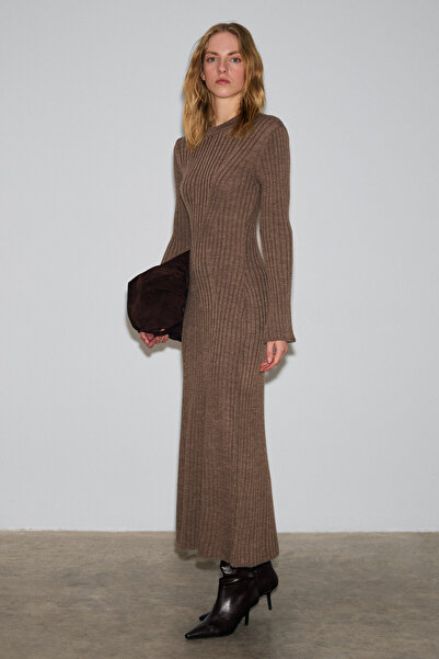 GRIMELANGE Duende Women's Round Neck Line Patterned Slim Fit Knitwear Mink Dress