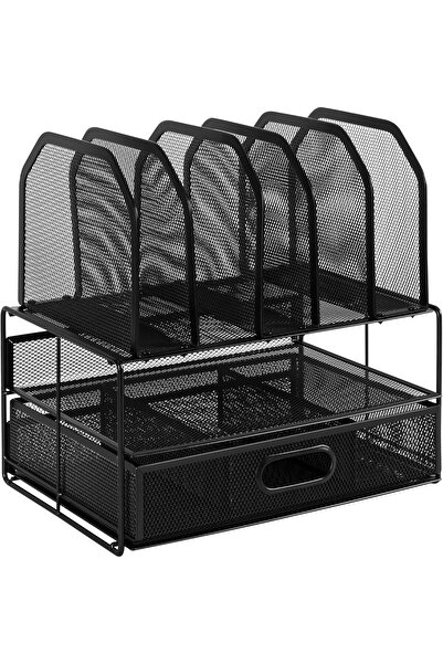 Amazon basics Mesh Desk Organizer with Sliding Drawer, Double Tray and 5 Vertical Sections, Black