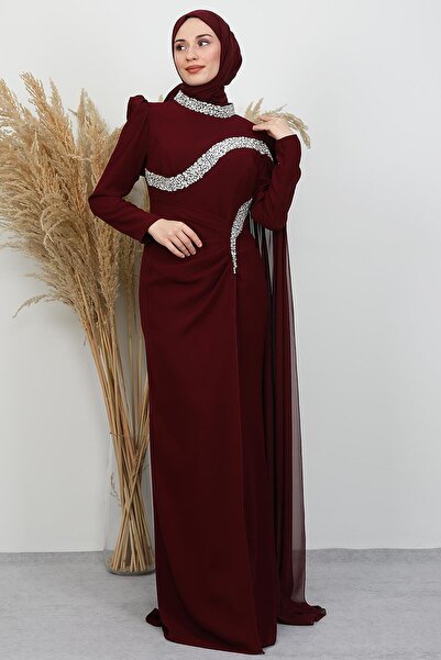 GİYZAMİLA Hanzade Crepe Evening Dress Burgundy