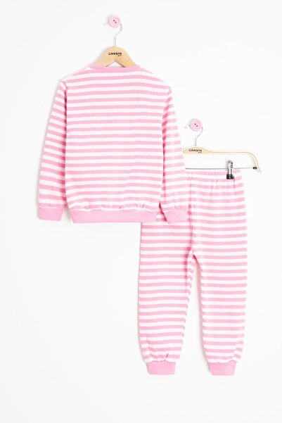 Cansın Mini Pink Daisy Embroidered Striped Girl's Suit 23350