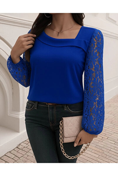 Butik Women's Long Sleeve Asymmetrical Collar Lace Imported Crepe Blouse