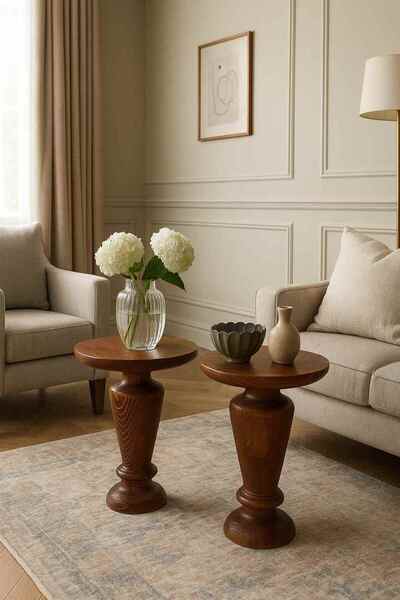 Simillo Home&Living Meşe Masif Ahşap 2’li Yan Sehpa Seti Modern Zigon & Fisko...