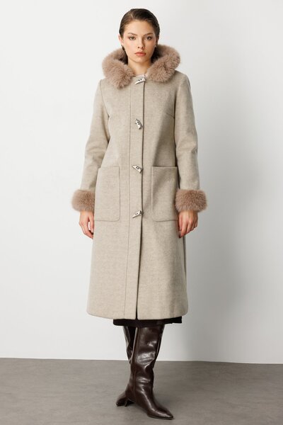 Ekol Cashmere Coat with Fur Collar and Sleeves
