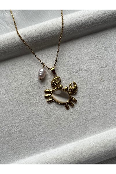 Pel Design Yengeç Detaylı Gerçek İncili Çelik Kolye El Yapımı