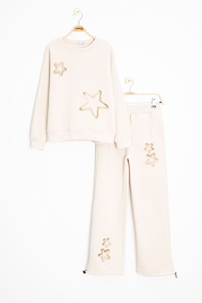 Cansın Mini Cream Star Patterned Wide Leg Fleece-Lined Girls' Tracksuit Set 23363
