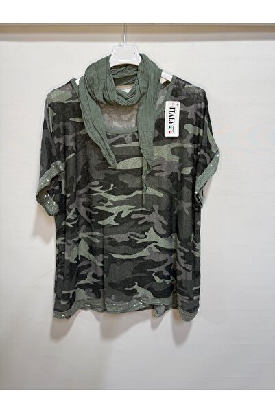 della moor Khaki Italian Camouflage Pattern O Oversized Short Sleeve Blouse with Scarf