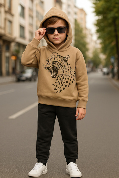 canmana kids&baby Комплект спортен екип с качулка и леопардов принт, изработен от 3-слоен памук