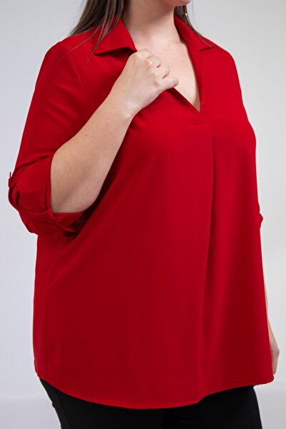Roxxlen Γυναικεία μπλούζα με γιακά σε μεγάλο μέγεθος V, κόκκινη μπλούζα