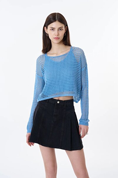 Quzu Mavi İkili Crop File Triko Bluz