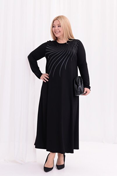 Siyezen Plus Size Black Printed Flared Dress