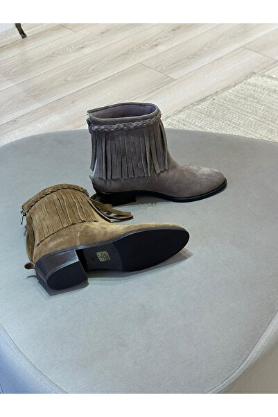BABLACK Püskül Örme Detaylı %100 Nubuk Deri Yarım Kovboy bot Taba