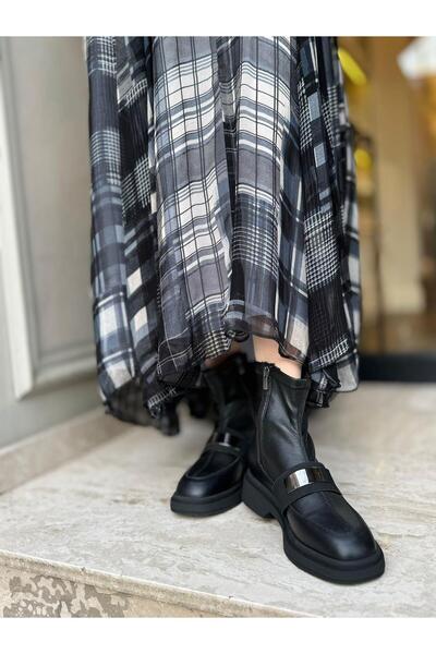 BABLACK Streç Detaylı %100 Hakiki Deri Ara boy Bot Siyah