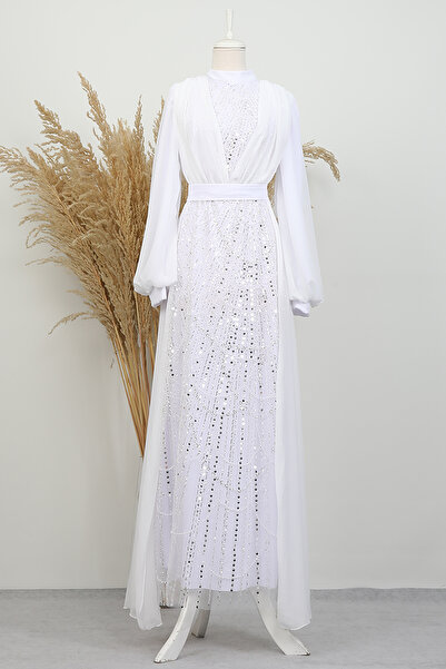 Lamia Giyim Yakamoz Taşlı Abiye Beyaz