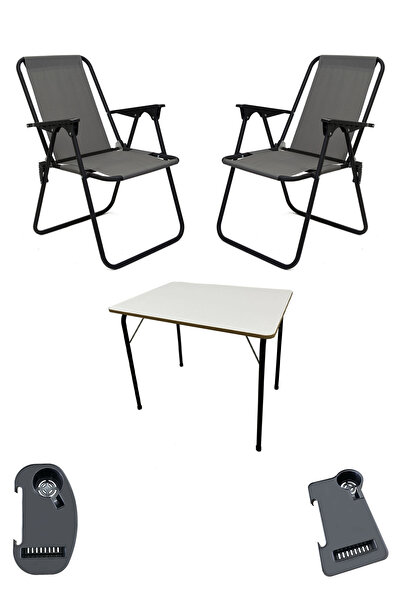 moniev Litea 2 Adet Kamp Sandalyesi Katlanır Piknik Sandalye ve Bardaklık Gri...