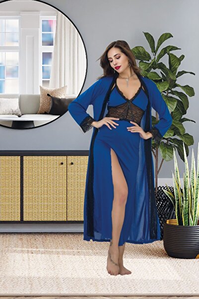 aynora Woman's navy blue nightgown and robe set with lace detail